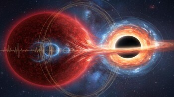 Red giant star orbiting a quiet black hole in the Gaia BH2 system (Image: ESO/L. Calçada/Space Engine)