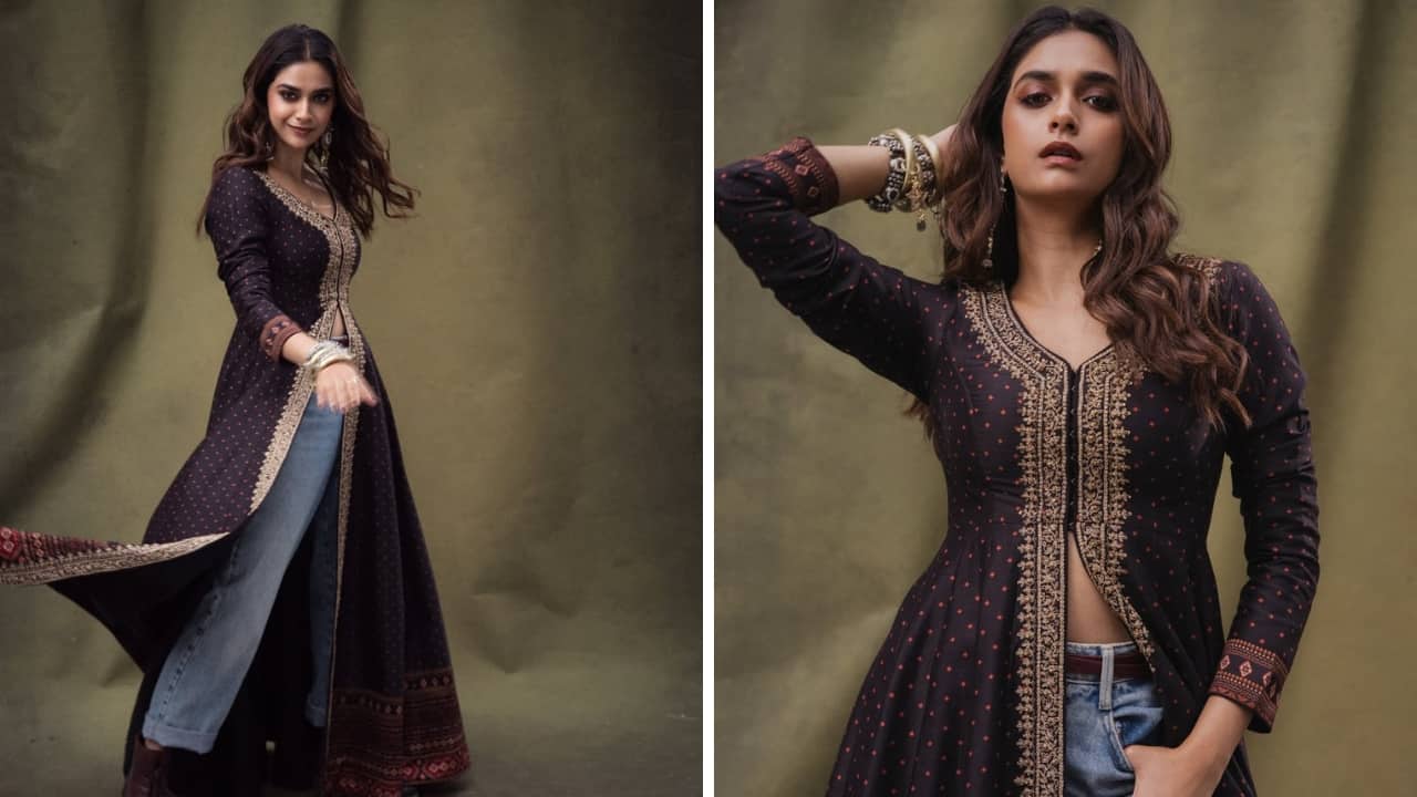 <strong>Jacket-style kurta with denim jeans</strong><br />This one’s the sassiest of all the looks. Keerthy wore a full-length A-line embroidered kurta paired with straight-fit denim and leather boots. Her half-open kurta look was elevated with jewellery, flawless makeup, and open tresses.