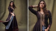 <strong>Jacket-style kurta with denim jeans</strong><br />This one’s the sassiest of all the looks. Keerthy wore a full-length A-line embroidered kurta paired with straight-fit denim and leather boots. Her half-open kurta look was elevated with jewellery, flawless makeup, and open tresses.