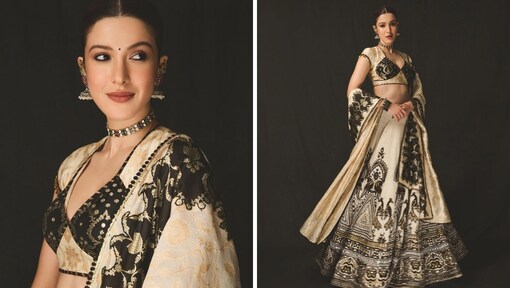 Shanaya Kapoor channels retro charm in an ivory-black lehenga and choli-cut blouse