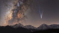 Comet Lemmon shines with dual tails above China’s Meili Mountains, set against the Milky Way. The comet fades now, but mountains and galaxies evolve over far longer timescales. (Image: Lin Zixuan (Tsinghua U.)/NASA)