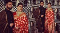 <strong>Anushka Sharma:</strong> For her wedding reception in New Delhi, Anushka Sharma wore a traditional red and gold saree by Sabyasachi, elevated with zari buttis and an elaborate Banarasi silk border that made her glimmer. Her jewellery pieces enhanced the charm of her outfit. (Picture Credit: Instagram)