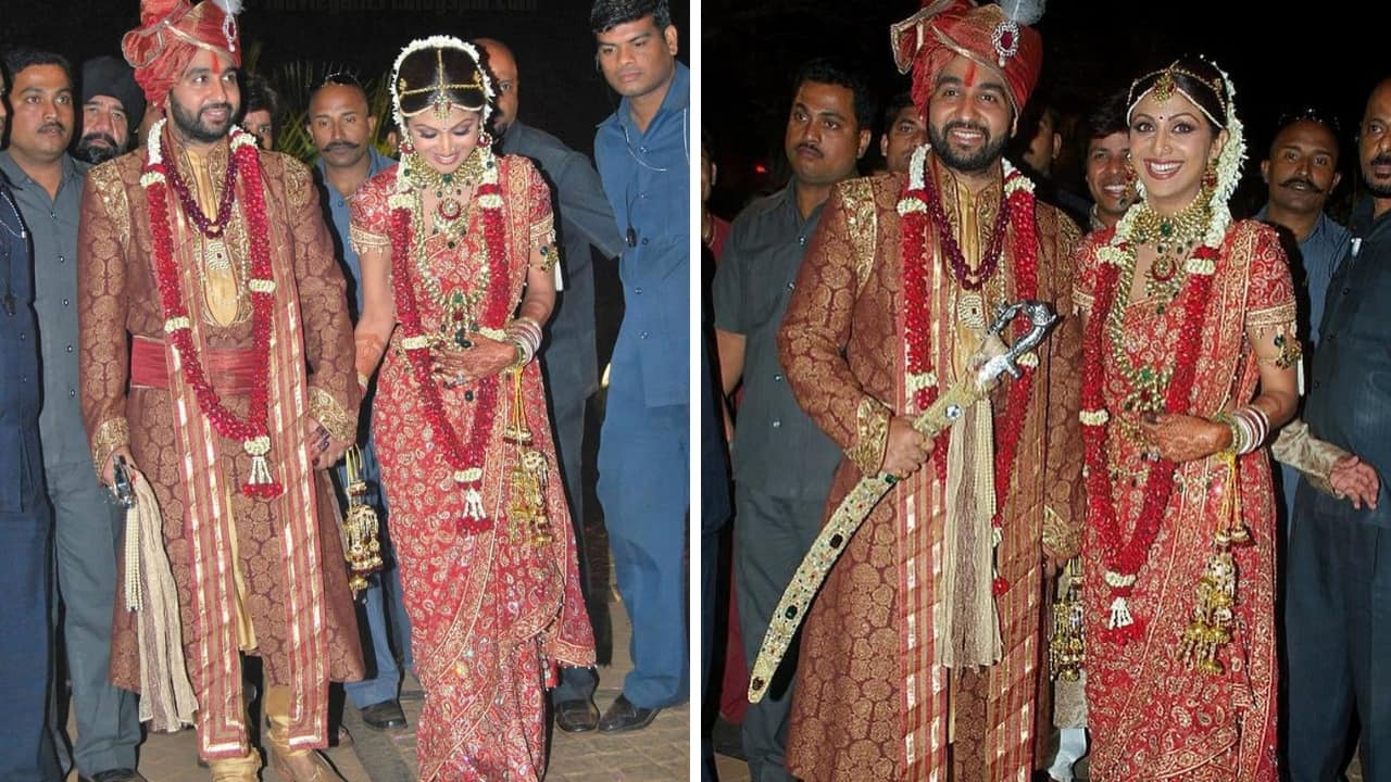 <strong>Shilpa Shetty:</strong> Shilpa Shetty also turned into a red saree bride, but hers was unlike any other. The actress’s heavily embroidered saree looked glittering and made her shine on her big day. Her bridal jewellery was also quite elaborate, incorporating both her South Indian and her husband Raj Kundra’s Punjabi roots. (Picture Credit: Instagram)