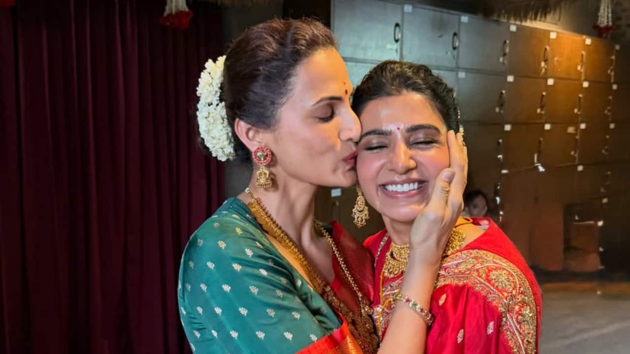 Samantha with Shilpa Reddy hugging - A tender moment from the ceremony shows Samantha embraced by Shilpa Reddy. The warmth between them reflects the simplicity and closeness of the gathering.