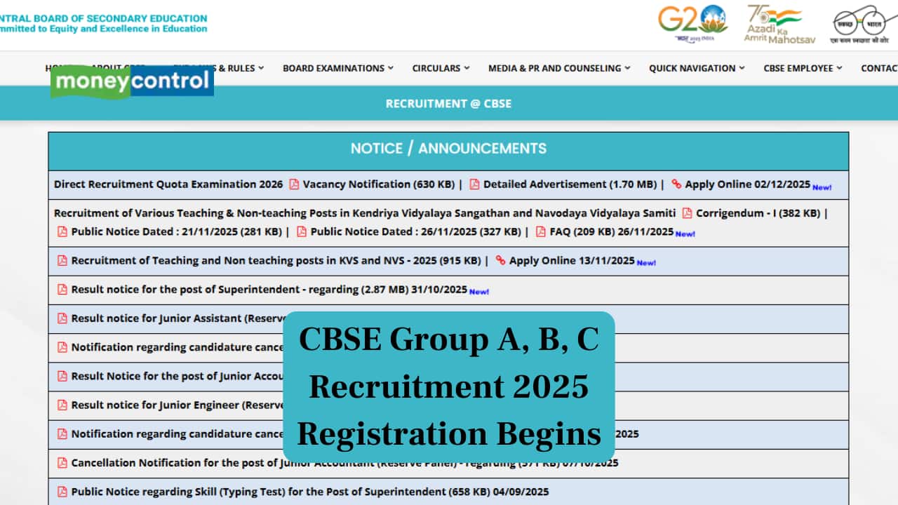 CBSE Recruitment 2025: Registration Begins for 124 Group A, B, C Vacancies; Link to apply here