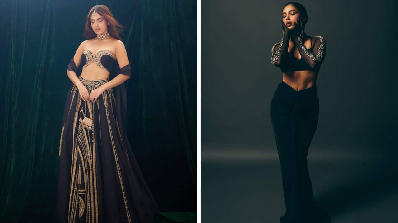 <strong>Bhumi Pednekar’s lehenga style</strong><br />Bhumi’s black looks show how wedding season should be done. On one occasion, she wore a sleek V-waisted skirt with a short blouse featuring embroidered long sleeves and a plunging neckline. For another outing, she charmed in a black lehenga worn with a strapless bralette.