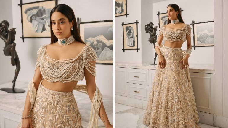 <strong>Janhvi Kapoor dolls up in pearls</strong><br />While Janhvi opted for a conventional lehenga, the detailing made it different from others. She wore a cream skirt with stone and thread-like embroidery, styled with a nude blouse embellished with pearls and stones. If you have a piece that you can turn around, go for it!