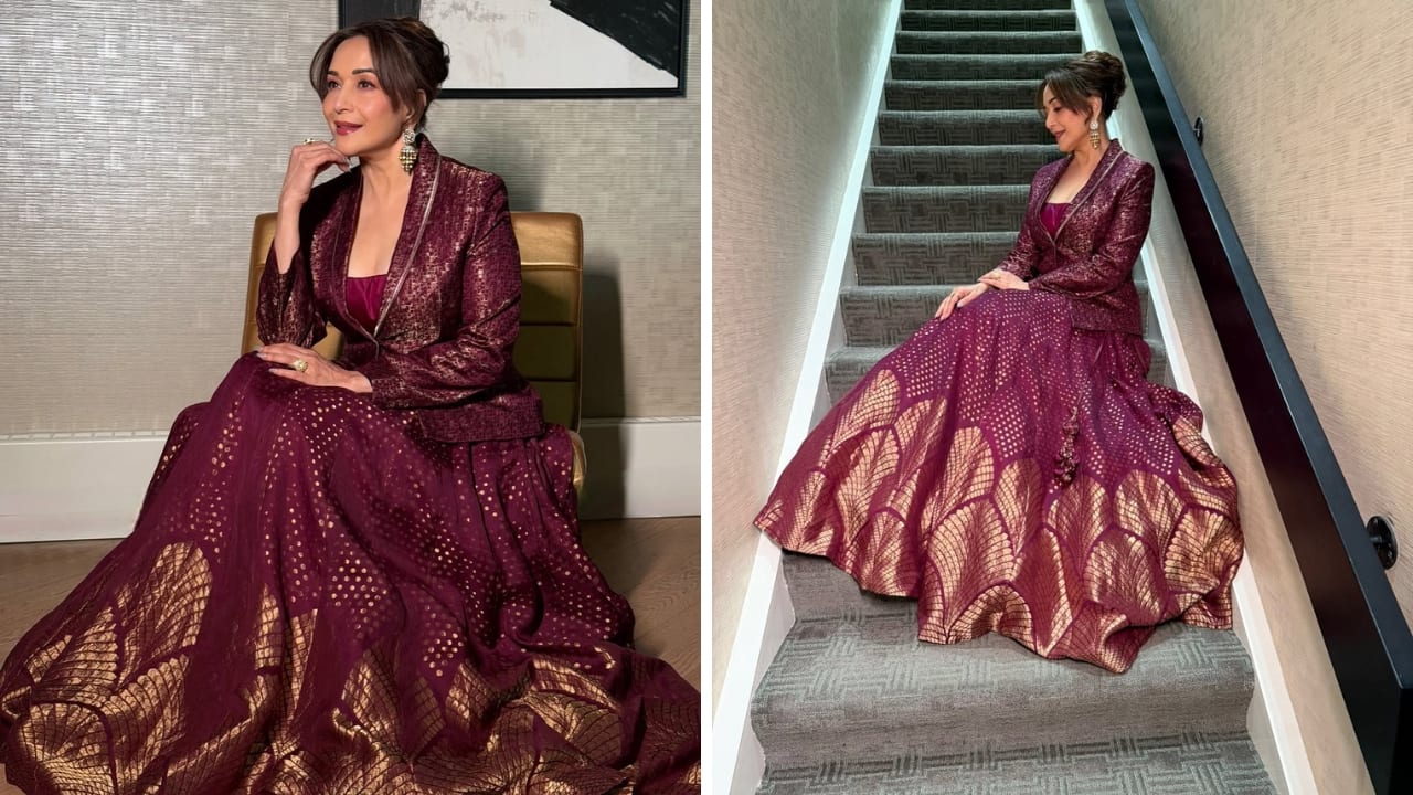 <strong>Madhuri Dixit in a lehenga with jacket</strong><br />Madhuri continues to stun in stylish fits. For an outing, she wore a rich burgundy hue and paired her glittering lehenga with a jacket, adding sophistication to the look. Her minimal jewellery, hair bun, and dewy makeup enhanced her radiance.
