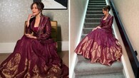 <strong>Madhuri Dixit in a lehenga with jacket</strong><br />Madhuri continues to stun in stylish fits. For an outing, she wore a rich burgundy hue and paired her glittering lehenga with a jacket, adding sophistication to the look. Her minimal jewellery, hair bun, and dewy makeup enhanced her radiance.