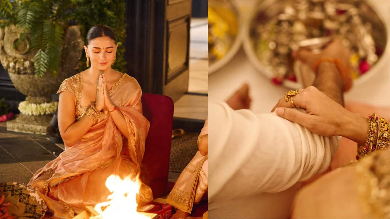 <strong>Performing rituals together</strong><br />Another picture shows Alia and Ranbir performing the grih pravesh pooja, dressed in elegant ethnic attire. Alia stuns in a saree, while Ranbir complements her in a kurta pyjama as they bless their new home.