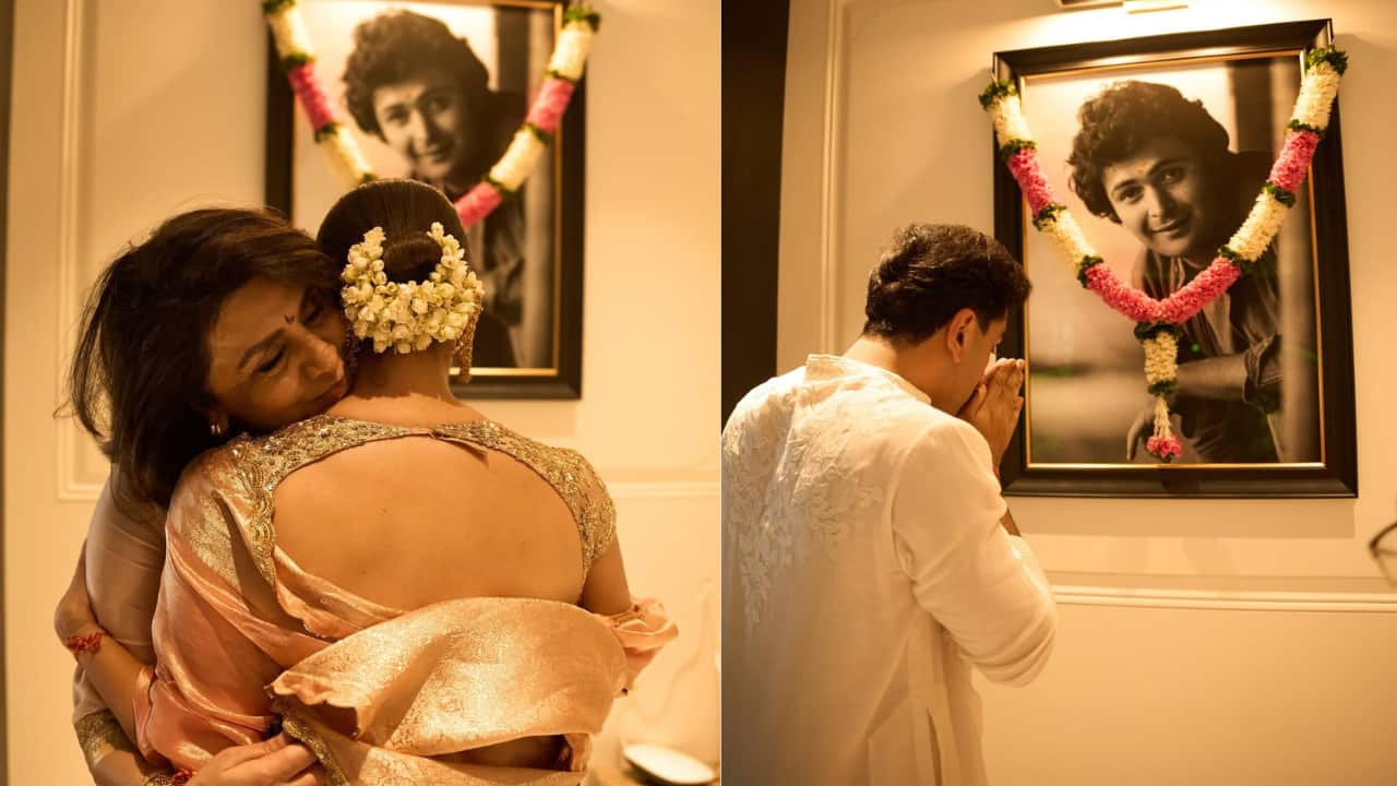 <strong>Rishi Kapoor tribute</strong><br />Alia is seen hugging her mother-in-law, Neetu Kapoor, in front of a photograph of her late father-in-law, veteran actor Rishi Kapoor, a touching moment honouring family traditions. Ranbir also paid tribute to his late father by bowing down in front of his photograph.