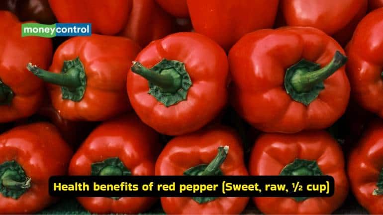 Health benefits of red pepper (Sweet, raw, ½ cup) Red bell peppers are bright, crunchy, and packed with Vitamin C. Just half a cup gives you sufficient amount, more than what your body needs in a day. They also help your immune system and keep your skin healthy, all while tasting great.