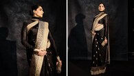 <strong>Sonam Kapoor</strong><br />Mommy-to-be Sonam Kapoor is a stunner in this black-and-gold handwoven Banarasi saree by Abu Jani Sandeep Khosla. The ensemble is beautified with a beige-gold and silver zardozi border, paired with a regal, classic high-neck blouse with full sleeves.