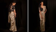 <strong>Shruti Haasan</strong><br />Shruti is perfectly gorgeous in this traditional Banarasi silver by Vinal’s - The Fashion Studio. While the drape is tried traditionally and features an elegant glittering border, it is styled with a blouse that has a stylish back. The colours make this ensemble even better.