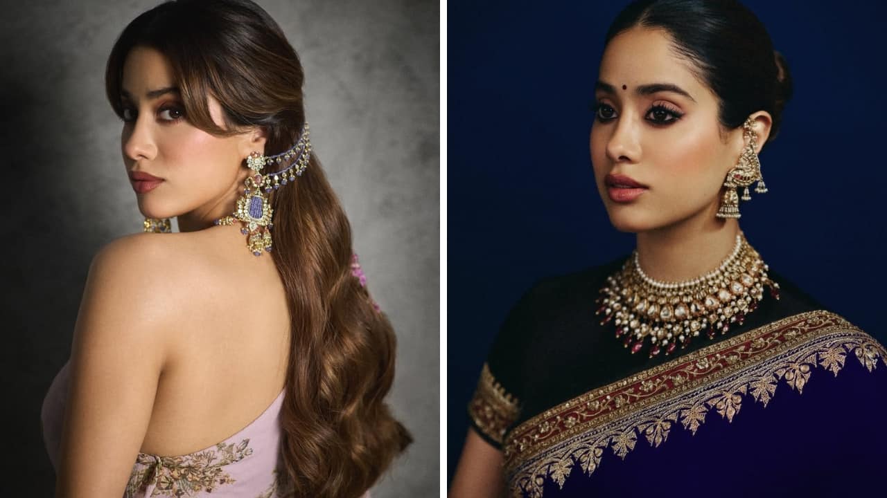 Janhvi Kapoor: Janhvi looks beautiful in the two distinct styles, making it hard to pick one. While her blue ear chain enhances the feminine charm of her floral ensemble, her velvet saree is given a regal, bold touch with the ear cuff jhumkas. Both pieces have exceptional design. Janhvi Kapoor: Janhvi looks beautiful in the two distinct styles, making it hard to pick one. While her blue ear chain enhances the feminine charm of her floral ensemble, her velvet saree is given a regal, bold touch with the ear cuff jhumkas. Both pieces have exceptional design.