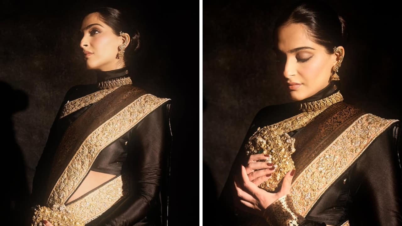 Sonam Kapoor: The actress is known for her bold fashion choices. Her black Banarasi saree was given a charming twist with gold ear cuffs that looked fiery and modern, attached to a jhumka that added a desi touch. It’s a stunning piece to take inspiration from. Sonam Kapoor: The actress is known for her bold fashion choices. Her black Banarasi saree was given a charming twist with gold ear cuffs that looked fiery and modern, attached to a jhumka that added a desi touch. It’s a stunning piece to take inspiration from.