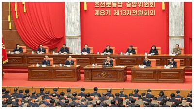 North Korean leader Kim Jong Un presiding over the 13rd plenary meeting of the eighth central committee of the ruling Workers' Party of Korea. (Courtesy: Reuters photo)
