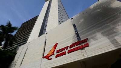 The Air India logo is seen on the facade of its office building in Mumbai