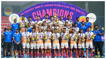 India's players pose with their bronze medals during FIH Junior Mens World Cup 2025, at Mayor Radhakrishnan Hockey Stadium, in Chennai. (Courtesy: PTI photo)