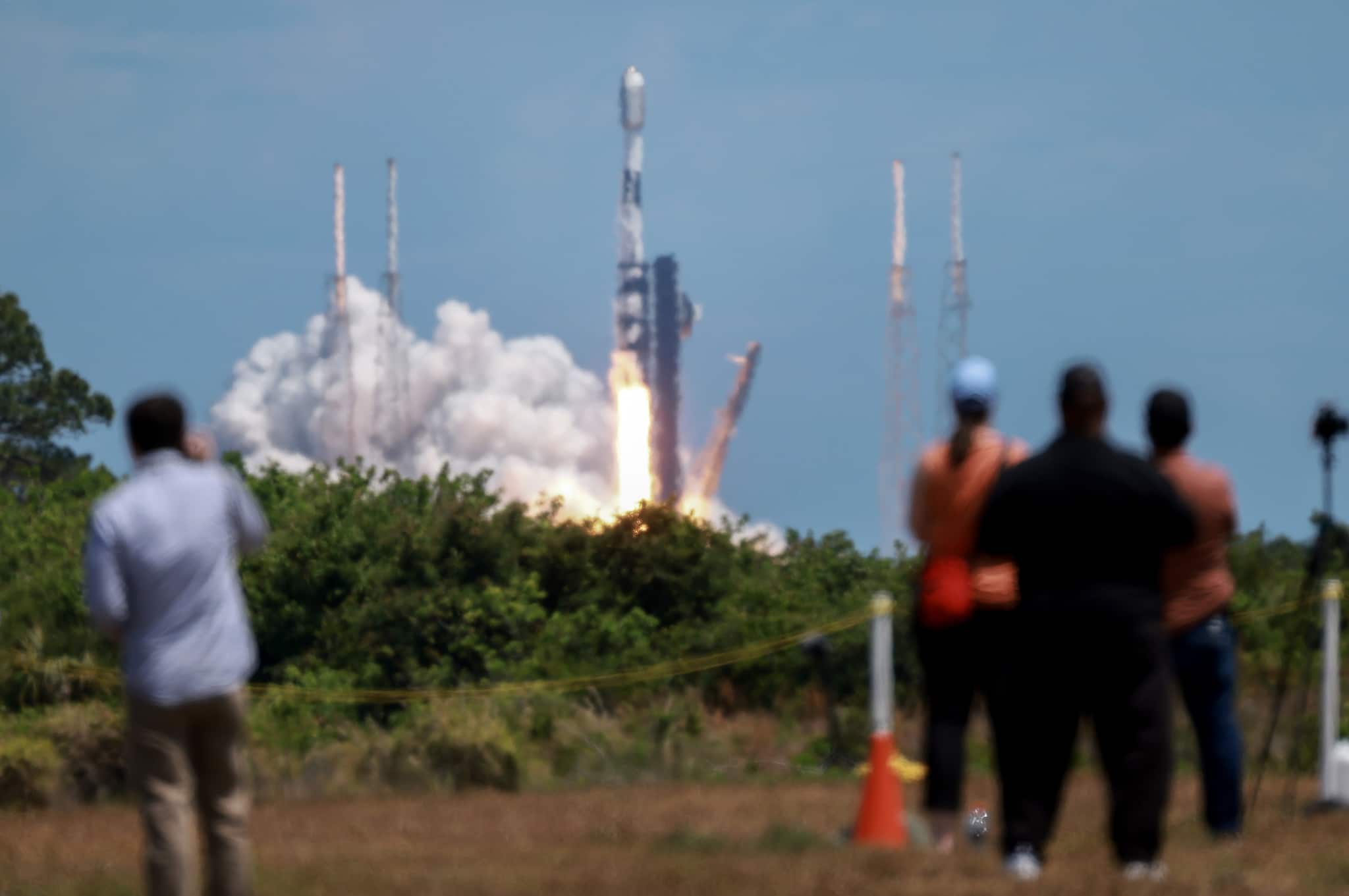 A SpaceX Falcon 9 rocket carrying 23 Starlink satellites into low Earth orbit, lifts off at Cape Canaveral Space Force Station in Cape Canaveral, Florida.