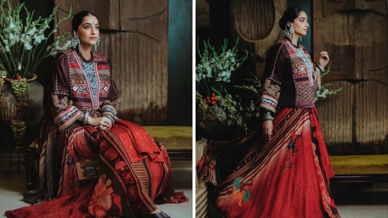Jacket and Skirt Style: Sonam channels a tribal-boho style with this jamun-printed and embroidered loose jacket by Aseem Kapoor. Paired with a lehenga skirt, this one’s charming for its hues and design, adorned with the most intricate work. Jacket and Skirt Style: Sonam channels a tribal-boho style with this jamun-printed and embroidered loose jacket by Aseem Kapoor. Paired with a lehenga skirt, this one’s charming for its hues and design, adorned with the most intricate work.
