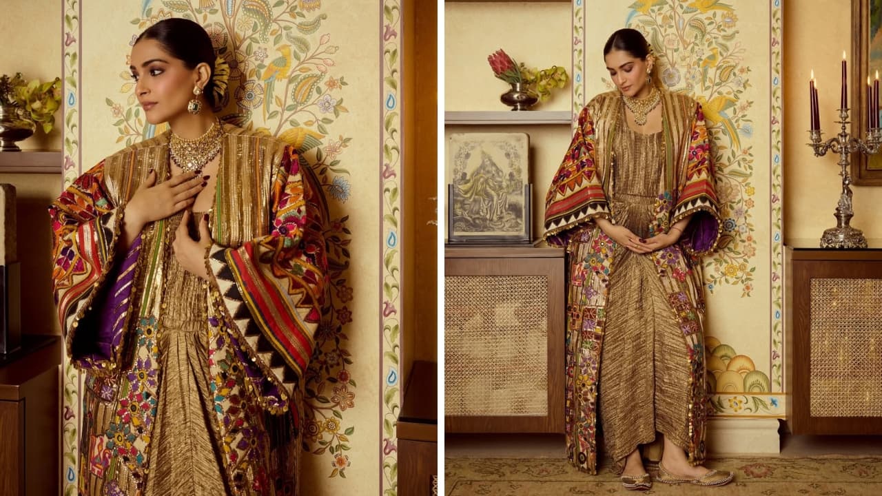 Gold Desi Style: Sonam truly shines in this beautiful custom outfit by Mayyur Girotra. Her gold top and bottom are styled with a vibrant long jacket, adding a festive touch to her appearance. The look is styled beautifully with heavy traditional jewellery and gold Punjabi juttis. Gold Desi Style: Sonam truly shines in this beautiful custom outfit by Mayyur Girotra. Her gold top and bottom are styled with a vibrant long jacket, adding a festive touch to her appearance. The look is styled beautifully with heavy traditional jewellery and gold Punjabi juttis.