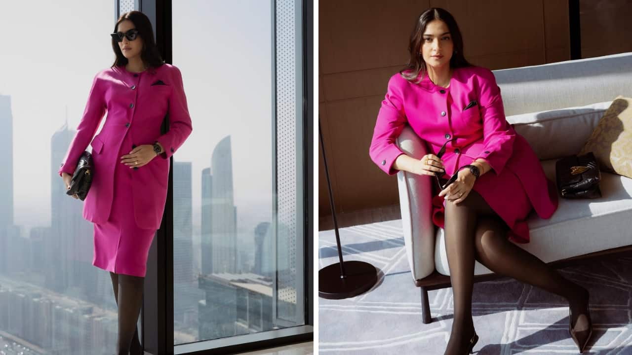 Hot Pink Summer: Sonam’s hot pink ensemble, inspired by one of Princess Diana’s looks, is a show-stealer. Wearing Escada by Margaretha Ley, 1988, she looked like the hottest new mamma in town in a pure wool suit with oversized padded shoulders, a softly curved shoulder line, and fine tailoring. Hot Pink Summer: Sonam’s hot pink ensemble, inspired by one of Princess Diana’s looks, is a show-stealer. Wearing Escada by Margaretha Ley, 1988, she looked like the hottest new mamma in town in a pure wool suit with oversized padded shoulders, a softly curved shoulder line, and fine tailoring.