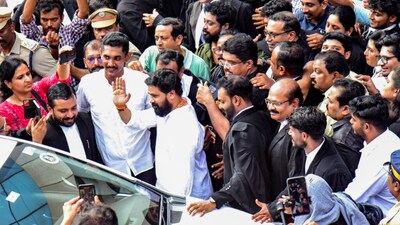 Malayalam actor Dileep leaves the Ernakulam district court following his acquittal in the 2017 sexual assault case involving a south Indian actress, in Kochi, Kerala, Monday, Dec. 8, 2025. The court found six others, including prime accused Sunil N S alias Pulsar Suni, who directly committed the crime, guilty. (PTI Photo)