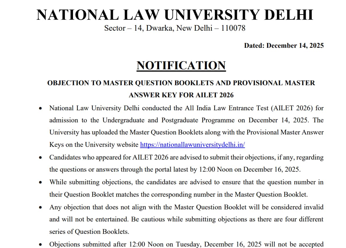 AILET 2026 answer key released @ nationallawuniversitydelhi.in, raise objections by December 16
