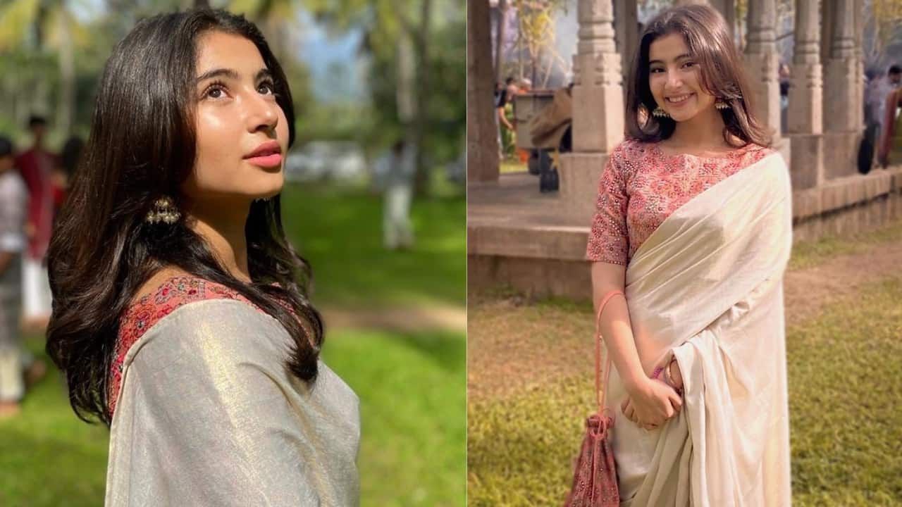 Saree elegance Sara sported an off-white saree with a pink border. She completed her look with heavy jhumkas and an elegant smile.