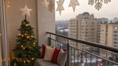 Turn even the tiniest balcony into a cosy Christmas corner with smart furniture, soft lighting and festive textures. (Image: Pinterest)