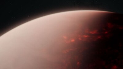 An artist’s impression illustrates a dense atmosphere hovering over a global magma ocean on exoplanet TOI-561 b. Data from NASA’s James Webb Space Telescope indicate the planet is not simply exposed, molten rock despite intense stellar radiation. (Image: NASA, ESA, CSA, Ralf Crawford (STScI))