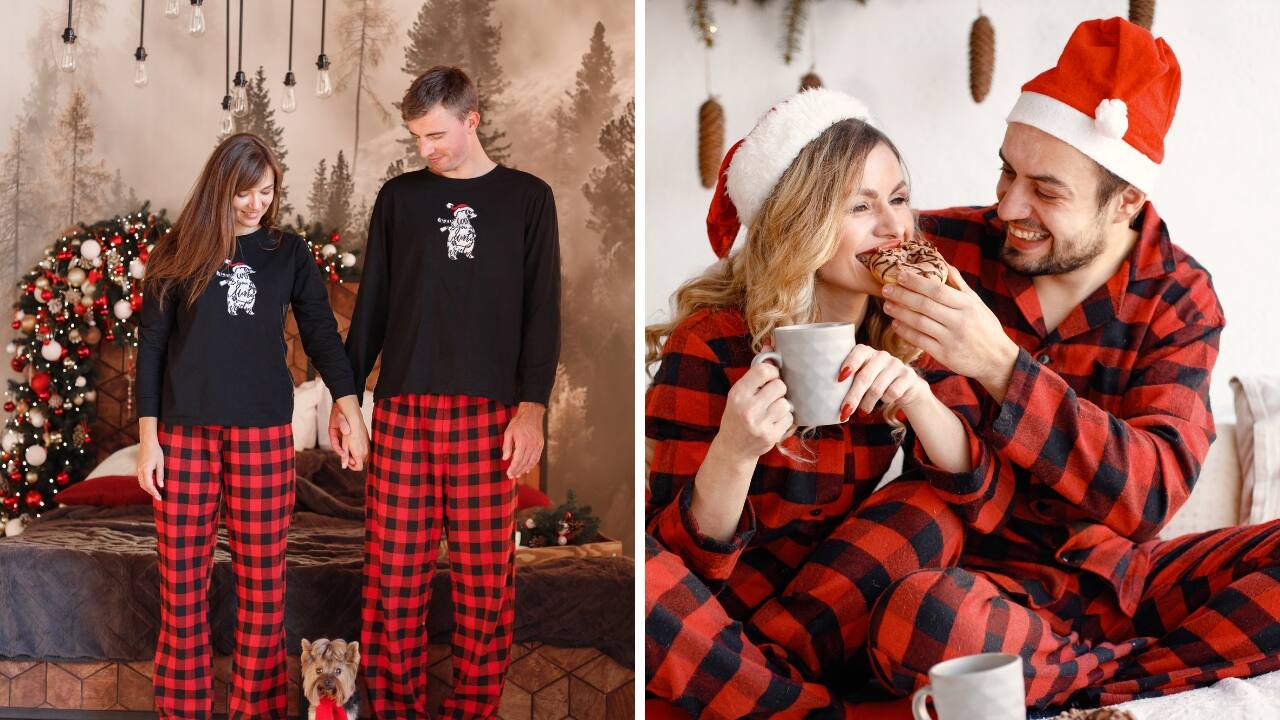 Relaxed PJs To bring an element of fun, go easy on Christmas Eve by dressing up in colour-coordinated PJs. The black-and-red checkered pyjamas are bound to get you in a fun festive spirit and help you unwind in style this holiday season.