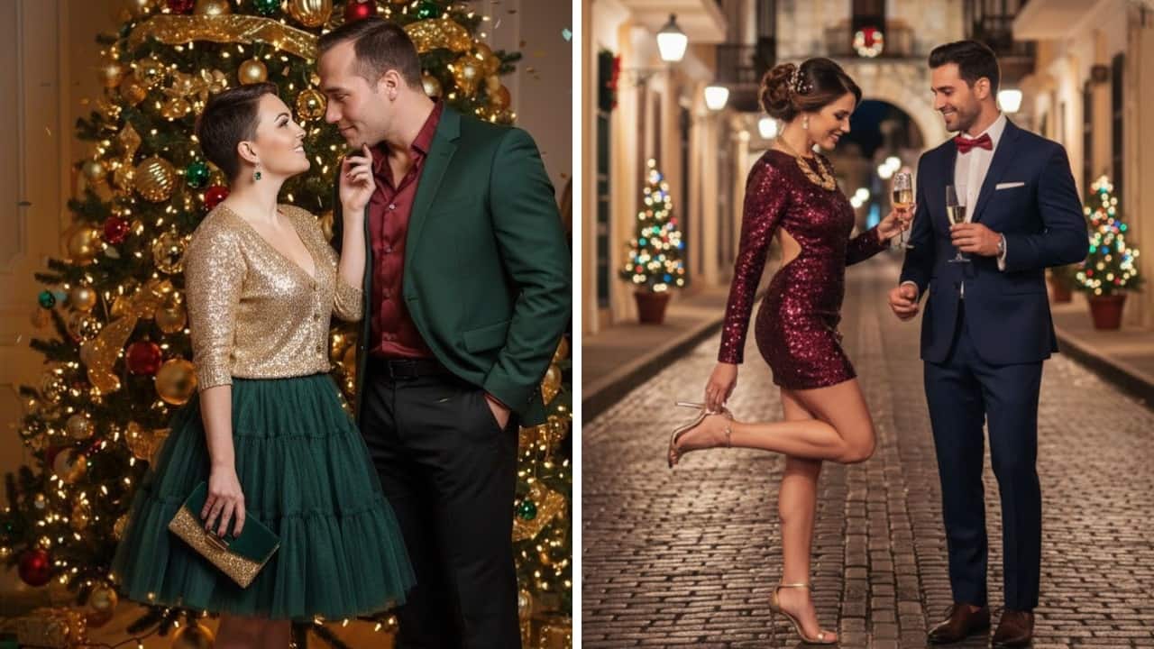 Party-ready glamour Add a dash of glitter to your celebration by wearing glittery, shiny fits. Women can slip into anything gold and glamorous, while men can opt for a dapper formal look. Bling never fails to work in the festive season and can be matched cleverly with your partner.