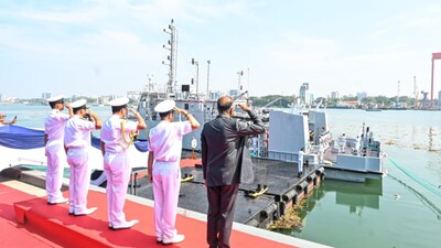 The commissioning was overseen by Vice Admiral Sameer Saxena, Flag Officer Commanding-in-Chief, Southern Naval Command, and hosted by Vice Admiral Sanjay Sadhu, Controller of Warship Production and Acquisition