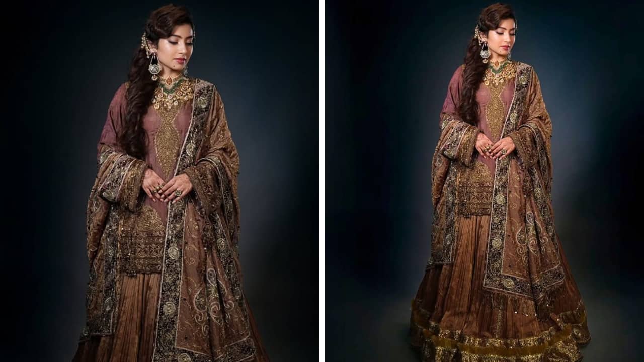 <strong>Channelling bridal charm</strong><br />This is from one of her looks in the movie, where she is seen looking as pretty as ever in a lehenga paired with a zardozi kurti, finished with naqshi jhallar. The tissue odhana, detailed with semi-precious pearls and emeralds along with age-old naqshi challa work, enhances its beauty.