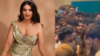 Actress Nidhhi Agerwal mobbed by fans at The Raja Saab Song launch in Hyderabad