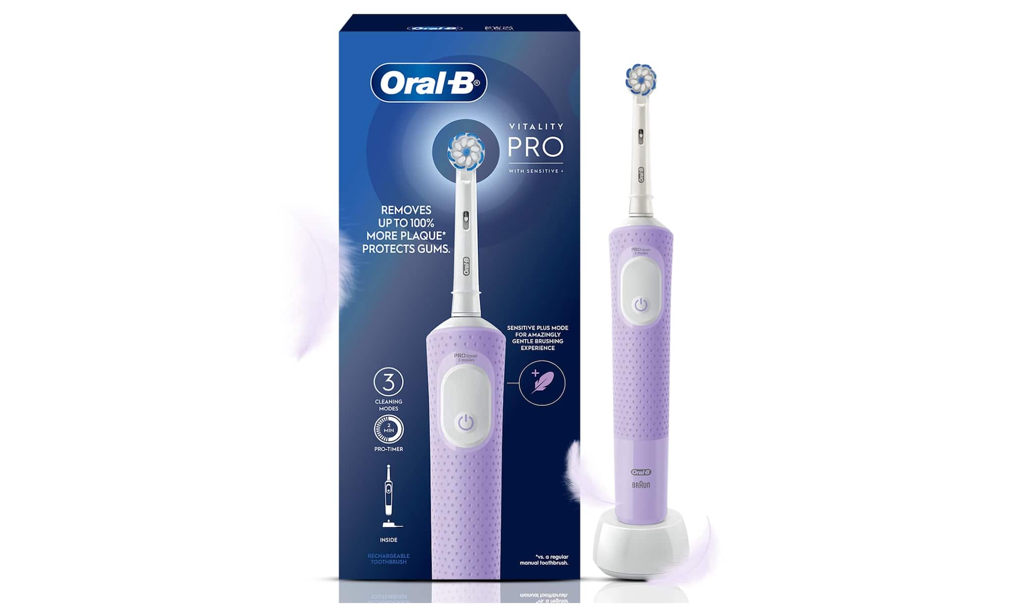 Oral-B Vitality Pro Electric Toothbrush: An essential for dental hygiene that features three brushing modes and a built-in 2-minute timer to deliver a professional-grade clean every day. Oral-B Vitality Pro Electric Toothbrush: An essential for dental hygiene that features three brushing modes and a built-in 2-minute timer to deliver a professional-grade clean every day.