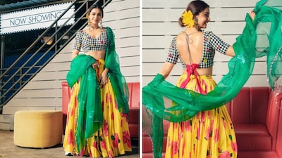 Keerthy Suresh looked radiant in a bright yellow skirt with a bold fuchsia rose print from the brand Nicobar. Her sunny skirt featured a stylish dori with heart and floral tassels (Images: @keerthysureshofficial/Instagram)
