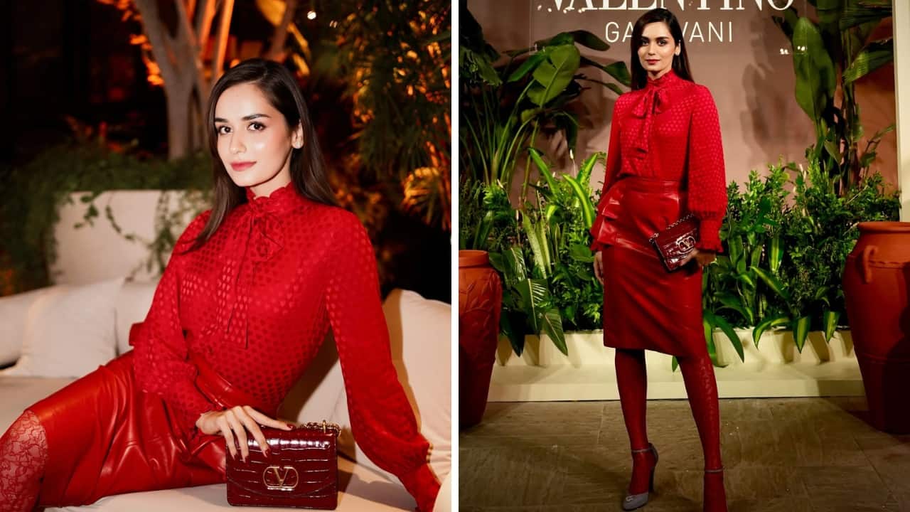 Manushi Chillar: Go all red like Manushi, who wears the colour effortlessly. Her lovely full-sleeve blouse features a neck bow and is paired with a leather skirt. Then there’s a red stocking with grey party heels and a handbag that completes the look perfectly.