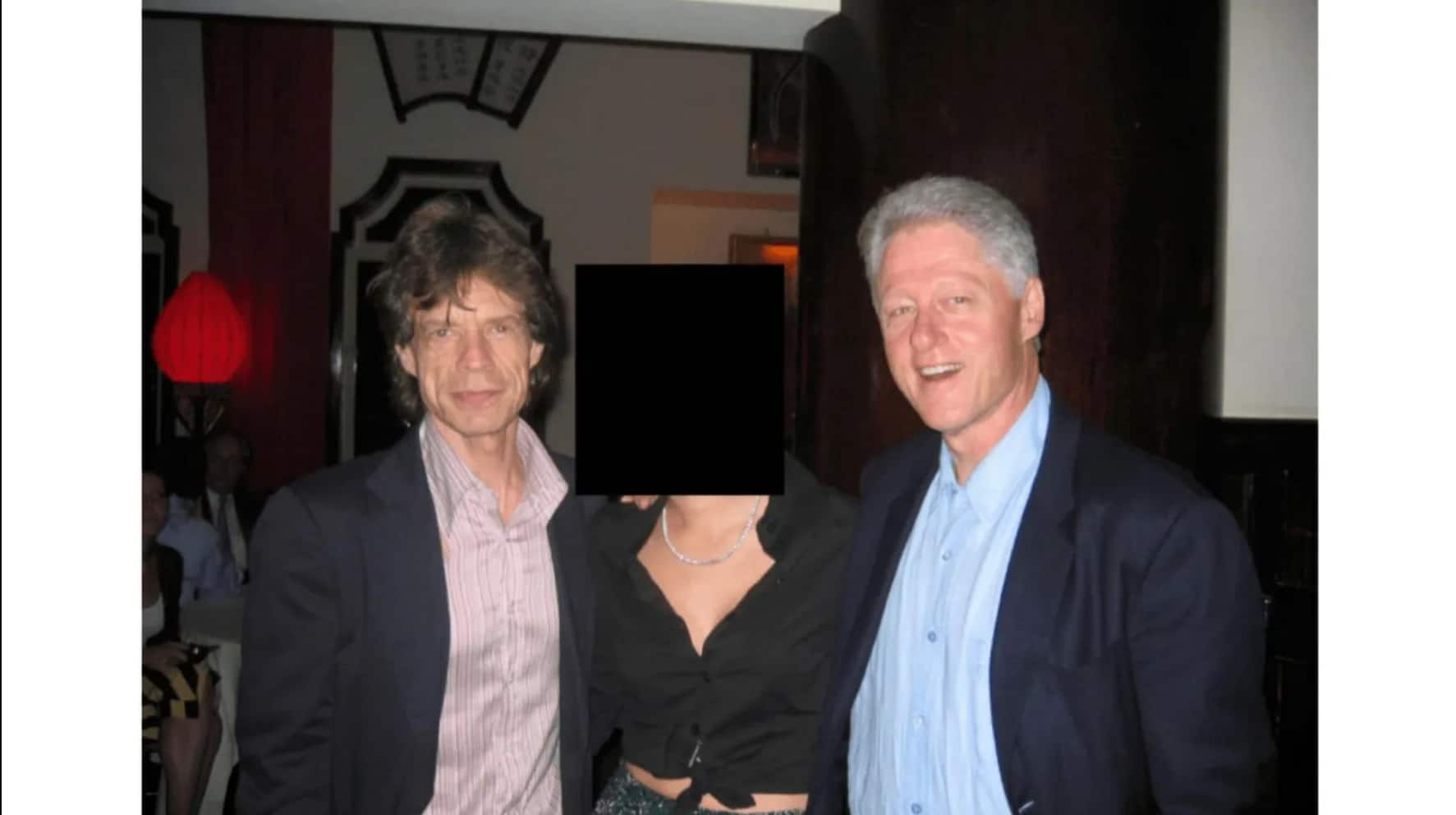 U.S. Department of Justice shows Mick Jagger, left, and former President Bill Clinton, right, with an unknown person. (U.S. Department of Justice via AP)