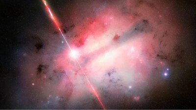An artist’s illustration showing GRB 250702B, with a high-speed jet of material erupting from a heavily dust-filled galaxy. (Image: NOIRLab/NSF/AURA/M. Garlick)