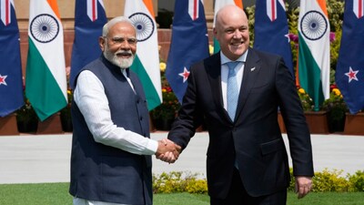 File photo of Indian Prime Minister Narendra Modi greeting visiting New Zealand PM Christopher Luxon before their meeting in New Delhi on March 17, 2025. (AP Photo/Manish Swarup, File)