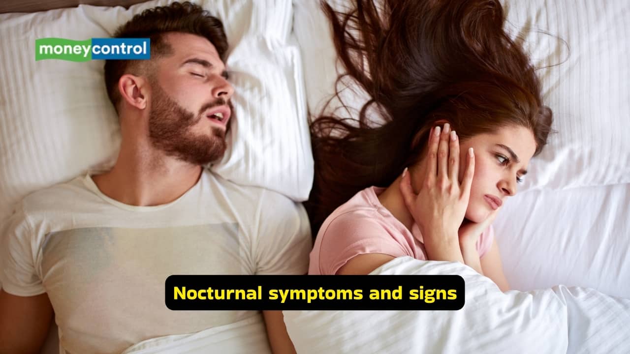 Nocturnal symptoms and signs At night, family members may notice loud habitual snoring and witnessed apnoeic episodes. The individual may experience choking or gasping during sleep, along with frequent awakenings. Many patients complain of morning headaches after waking up. Long-term sleep deprivation leads to impaired memory, reduced attention span, irritability, and depression. Work efficiency may decline in adults. In children, obstructive sleep apnea may manifest as poor academic performance and behavioural problems rather than excessive sleepiness. 