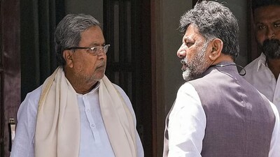 Senior Congress leaders Siddaramaiah and DK Shivakumar at the residence of party leader KC Venugopal for a meeting, in New Delhi.