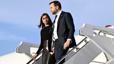 File photo of US Vice President JD Vance and Second Lady Usha Vance stepping off Air Force Two (Photo by POOL / GETTY IMAGES)
