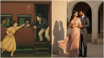 A Studio Ghibli-style image generated by ChatGPT in reference to a popular Bollywood scene and (right) one of the viral Nano Banana saree posts doing rounds on socials. (Image credit: @ivivekch, @AIwithkhan/X)