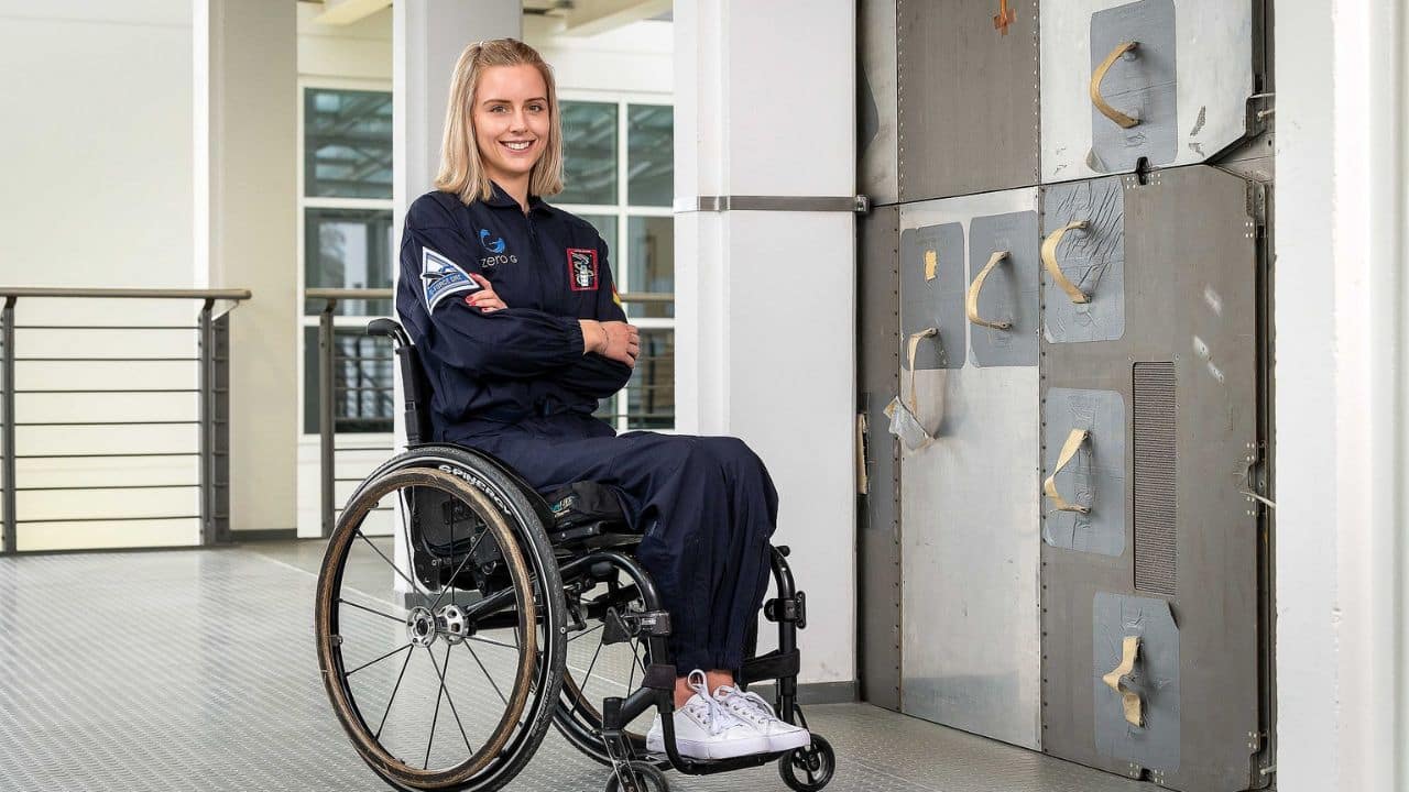 Michaela Benthaus made history as the first wheelchair-using astronaut aboard Blue Origin’s New Shepard. (Image: X/@blueorigin)