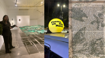 Bangladeshi artist Ashfika Rahman's solo show 'Of Land, River and Body' is on at Vadehra Art Gallery in Delhi; Poems on the Move 2.0 was part of the 2025 Serendipity Arts Festival in Goa; and detail from Priyanka D'Souza and Nivedita Madigubba's 'No Kings (and Chronicles), 2025'.