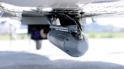 A payload pod housing a synthetic aperture radar made by U.S. company IMSAR is mounted under an APEX aircraft in Taitung, Taiwan, October 13, 2025. REUTERS/Ann Wang